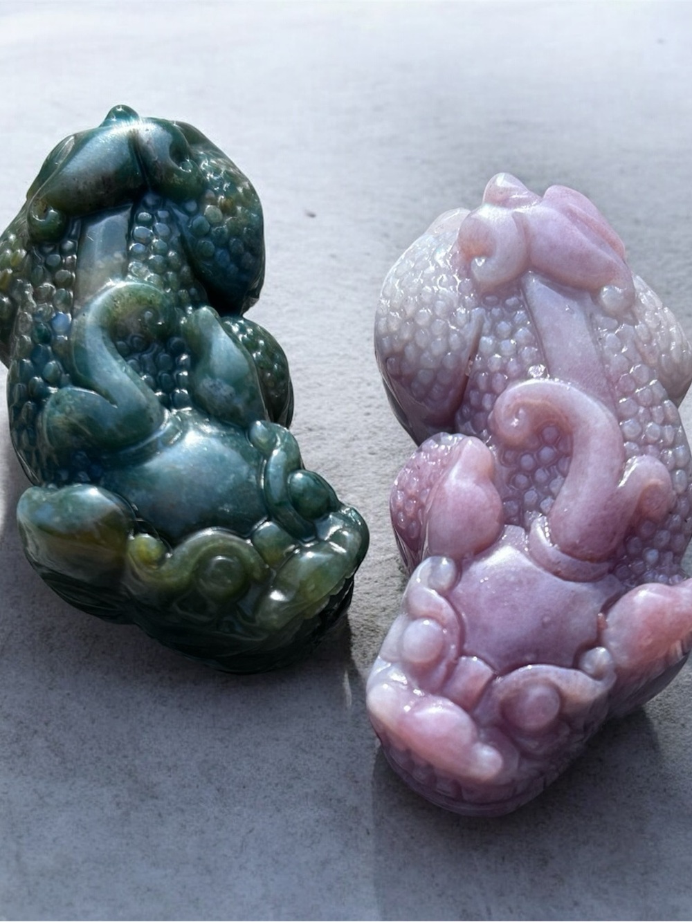 Carved Pixiu Pair – Green & Lavender Pink Jade Stone | High Polish | 2pc Set
